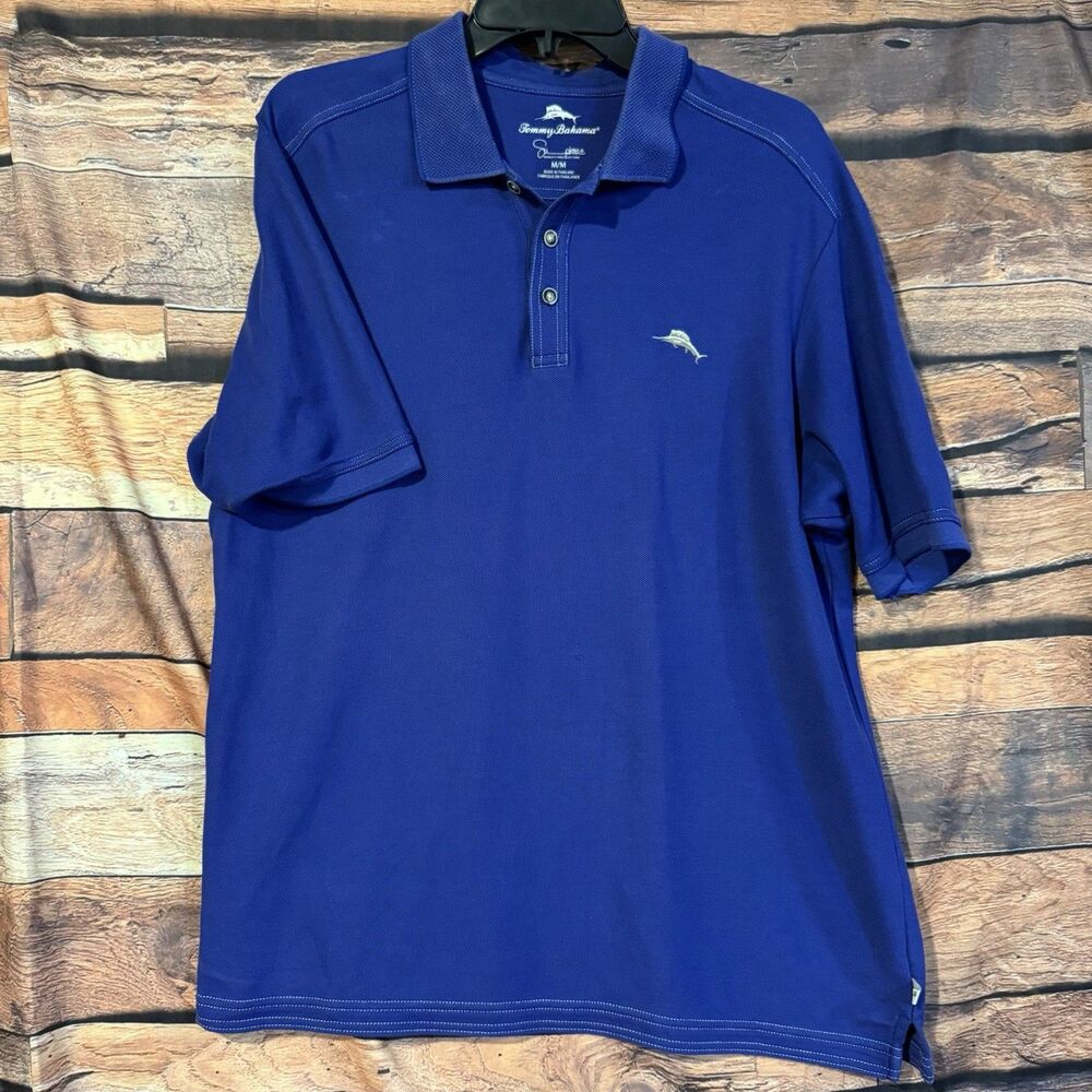 Tommy Bahama Polo Shirt Mens Medium M Blue Supima Cotton Marlin Short Sleeve